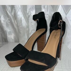 BAMBOO Black Strappy Heels with Wooden Block
